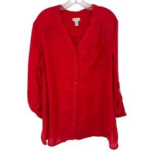 Chicos 3 Red Button-Down Blouse tunic  Size XL Pocket roll tab sleeve